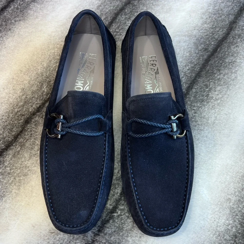 Salvatore Ferragamo Front 4 Dark Blue Buc Suede Driver Loafers